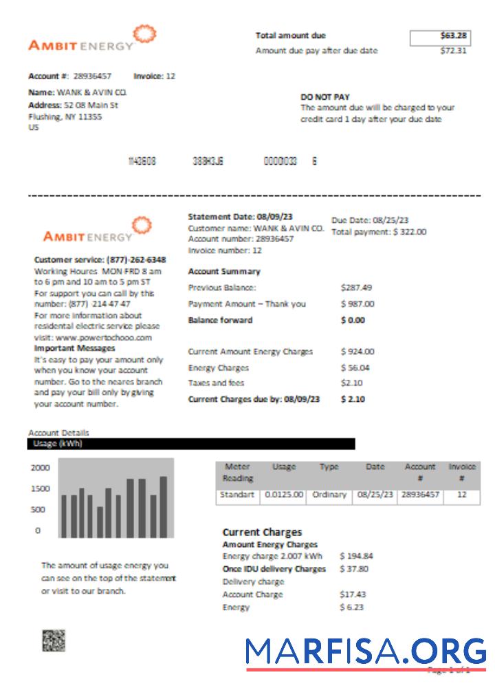 Printable Ambit Energy utility business bill, SCR real example